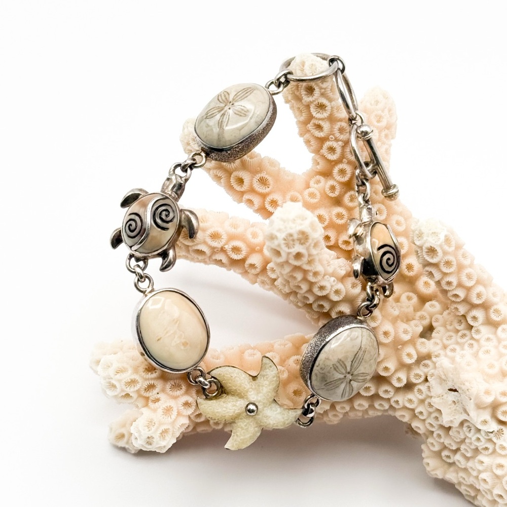 RARE! 🌊 Zealandia 🌊 Sterling Silver Fossil Sand Dollar and Ivory Turtle Bracelet - Picture 11 of 12